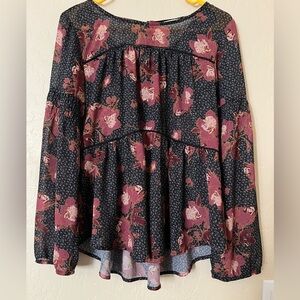 JOLT Peasant Sheer High-Low Long Sleeve Floral Top- Size M (see measurements)
